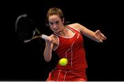 30 December 2012; Jane Fennelly, Donnybrook, Dublin, in action against Karola Bejeneru, Belfast, during their singles semi-final match. Wilson National Indoor Tennis Championship Semi-Finals, David Lloyd, Riverview, Clonskeagh, Dublin. Picture credit: Pat Murphy / SPORTSFILE