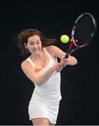 31 December 2012; Holly Monahan, Carrickmines, Dublin, in action against Jane Fennelly, Donnybrook, Dublin, during the women's singles final match. Wilson National Indoor Tennis Championship Finals, David Lloyd, Riverview, Clonskeagh, Dublin. Photo by Sportsfile