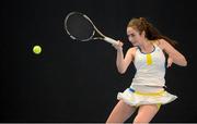 31 December 2012; Jane Fennelly, Donnybrook, Dublin in action against Holly Monahan, Carrickmines, Dublin, during the women's singles final match. Wilson National Indoor Tennis Championship Finals, David Lloyd, Riverview, Clonskeagh, Dublin. Photo by Sportsfile