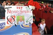 29 December 2012; A tribute in the memory of Nevin Spence as Ulster players make their way out for the game. Celtic League 2012/13, Round 12, Munster v Ulster, Thomond Park, Limerick. Picture credit: Diarmuid Greene / SPORTSFILE
