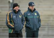 5 January 2013; New Kerry manager Eamonn Fitzmaurice, right, with selector Mikey Sheehy before the game. McGrath Cup, Preliminary Round, Kerry v IT Tralee, Fitzgerald Stadium, Killarney, Co. Kerry. Picture credit: Brendan Moran / SPORTSFILE