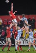 5 January 2013; Billy Holland, Munster, wins possession for his side in a lineout ahead of Bradley Davies, Cardiff Blues. Celtic League 2012/13, Round 13, Munster v Cardiff Blues, Musgrave Park, Cork. Picture credit: Matt Browne / SPORTSFILE