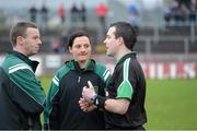 6 January 2013; Referee Martin McNally, right, issues instructions to Joe McQuillan, standby referee, left, and  lineswoman Maggie Farrelly before the game. Power NI Dr. McKenna Cup, Section C, Round 1, Tyrone v Derry, Healy Park, Omagh, Co. Tyrone. Picture credit: Oliver McVeigh / SPORTSFILE