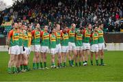 6 January 2013; The Carlow team stand for the National Anthem and conform with the ruling which demands that only the 'First 15' do so. Bórd na Móna O'Byrne Cup, Group B, Carlow v Dublin, Dr. Cullen Park, Carlow. Picture credit: Ray McManus / SPORTSFILE