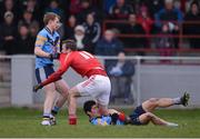 6 January 2013; Mark Brennan, Louth, is involved in an incident with Ciaran Lenehan, left, and Rory O'Carroll, UCD, for which both Mark Brennan and Rory O'Carroll were subsequently both given 2nd yellow cards by referee Joe Curley and sent off. Bórd na Móna O'Byrne Cup, Group A, Louth v UCD, County Grounds, Drogheda, Co. Louth. Photo by Sportsfile