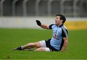 6 January 2013; Dublin captain Michael Darragh McAuley reacts after suffering a 'dead leg' early in the first half. Bórd na Móna O'Byrne Cup, Group B, Carlow v Dublin, Dr. Cullen Park, Carlow. Picture credit: Ray McManus / SPORTSFILE