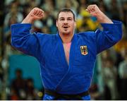 3 August 2012; Andreas Toelzer, Germany, celebrates his men's +100kg bronze medal match victory over Ihar Makarau, Belarus. London 2012 Olympic Games, Judo, ExCeL Arena, Royal Victoria Dock, London, England. Picture credit: Stephen McCarthy / SPORTSFILE