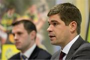 11 January 2013; Kerry manager Eamonn Fitzmaurice, right, alongside captain Eoin Brosnan during a press conference ahead of their McGrath Cup quarter-final against UCC on Sunday. Kerry Football Press Conference, Austin Stack Park, Tralee, Co. Kerry. Picture credit: Diarmuid Greene / SPORTSFILE