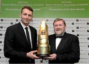 11 January 2013; Sligo Rovers manager Ian Baraclough, left, is presented with the Airtricity SWAI Personality of the Year Award for 2012 by Ken Barry, Sponsorship manager, Airtricty. Airtricity/SWAI Personality of the Year Awards 2012, The Conrad Hotel, Earlsfort Terrace, Dublin. Picture credit: David Maher / SPORTSFILE