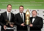 11 January 2013; Sligo Rovers manager Ian Baraclough, centre, winner of the Airtricity SWAI Personality of the Year Award for 2012, and Gary Rogers, Sligo Rovers, winner of the  Airtricity SWAI Goalkeeper of the Year Award for 2012, along with Ken Barry, right, Sponsorship manager, Airtricty. Airtricity/SWAI Personality of the Year Awards 2012, The Conrad Hotel, Earlsfort Terrace, Dublin. Picture credit: David Maher / SPORTSFILE
