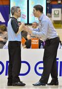 11 January 2013; Paul Kelleher, head coach, UCC Demons, in conversation with referee Paul Dempsey after a technical foul on his team. 2013 Basketball Ireland Men's Superleague National Cup Semi-Final, UCC Demons  v Bord Gais Neptune, Neptune Stadium, Cork. Picture credit: Brendan Moran / SPORTSFILE