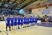 11 January 2013; The Bord Gais Neptune team stand for the National Anthem before the game. 2013 Basketball Ireland Men's Superleague National Cup Semi-Final, UCC Demons  v Bord Gais Neptune, Neptune Stadium, Cork. Picture credit: Brendan Moran / SPORTSFILE