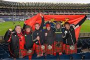 13 January 2013; Munster supporters, from left to right, Jim Meaney, David Kearney, Cathal O'Reilly, Rob Kearney, Shane Flanagan and Noman Williams, all from Limerick City, ahead of the game. Heineken Cup, Pool 1, Round 5, Edinburgh v Munster, Murrayfield Stadium, Edinburgh, Scotland. Picture credit: Diarmuid Greene / SPORTSFILE