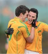 13 January 2013; Paddy McGowan, left, celebrates with Colm Clarke, Leitrim, at the end of the game. Connacht FBD League Section B, Leitrim v Mayo, Páirc Seán O'Heslin, Ballinamore, Co. Leitrim. Picture credit: David Maher / SPORTSFILE