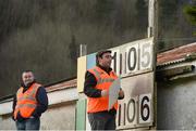 13 January 2013; Scoreboard operators Donnie O'Sullivan, left, and Packie Moroney, from the host club, St. Senans, during the game. McGrath Cup Quarter-Final, Limerick v Clare, Pairc na nGael, Foynes, Co. Limerick. Picture credit: Stephen McCarthy / SPORTSFILE