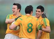 13 January 2013; Emlyn Mulligan, right, Leitrim captain celebrates with Wayne McKeon, and Paddy McGowan, 8, at the end of the game. Connacht FBD League Section B, Leitrim v Mayo, Páirc Seán O'Heslin, Ballinamore, Co. Leitrim. Picture credit: David Maher / SPORTSFILE