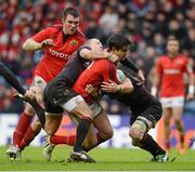 13 January 2013; Conor Murray, Munster, supported by team-mate Peter O'Mahony, is tackled by Richie Rees, left, and Roddy Grant, Edinburgh. Heineken Cup, Pool 1, Round 5, Edinburgh v Munster, Murrayfield Stadium, Edinburgh, Scotland. Picture credit: Diarmuid Greene / SPORTSFILE