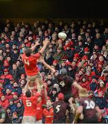 13 January 2013; Munster supporters look on as Donncha O'Callaghan wins possession in a lineout against Grant Gilchrist, Edinburgh. Heineken Cup, Pool 1, Round 5, Edinburgh v Munster, Murrayfield Stadium, Edinburgh, Scotland. Picture credit: Diarmuid Greene / SPORTSFILE