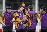 15 January 2013; CBS Wexford's Mikey Roche, centre, celebrates with team-mate Liam Barry after scoring his side's sixth try. Senior Development Cup Final, CBS Wexford v Ratoath C.C, Donnybrook Stadium, Donnybrook, Dublin. Picture credit: David Maher / SPORTSFILE