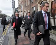 17 January 2013; Munster Rugby Chief Executive Garrett Fitzgerald, right, leads Ronan O'Gara and Media Manager Pat Geraghty, as they arrive for an ERC disciplinary hearing following an incident between O'Gara and Edinburgh's Sean Cox during last Sunday's Heineken Cup, Pool 1, Round 5, game in Murrayfield. ERC Offices, Hugenot House, St. Stephen's Greeen, Dublin. Picture credit: Barry Cregg / SPORTSFILE