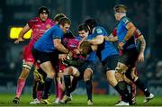 19 January 2013; Jason Shoemark, Exeter Chiefs, is tackled by Sean Cronin, left, Jonathan Sexton and Mike Ross, right, Leinster. Heineken Cup, Pool 5, Round 6, Exeter Chiefs v Leinster, Sandy Park, Exeter, England. Picture credit: Phil Mingo / SPORTSFILE