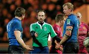 19 January 2013; Referee Romain Poite speaks with Leinster's Brian O'Driscoll and Leo Cullen, right. Heineken Cup, Pool 5, Round 6, Exeter Chiefs v Leinster, Sandy Park, Exeter, England. Picture credit: Phil Mingo / SPORTSFILE