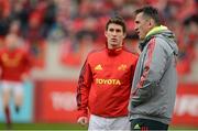 20 January 2013; Munster head coach Rob Penney in conversation with out-half Ian Keatley before the game. Heineken Cup, Pool 1, Round 6, Munster v Racing Metro 92, Thomond Park, Limerick. Picture credit: Brendan Moran / SPORTSFILE