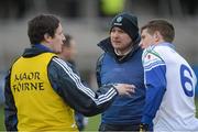 20 January 2013; Monaghan manager Malachy O'Rourke, centre, speaking with his assistant manager Ryan Porter, left, and captain Darren Hughes. Power NI Dr. McKenna Cup, Semi-Final, Monaghan v Down, Athletic Grounds, Armagh. Picture credit: Oliver McVeigh / SPORTSFILE