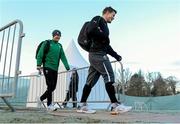 22 January 2013; Ireland's Ronan O'Gara, left, and Brian O'Driscoll arrive before squad training ahead of the Ireland Wofhounds match against the England Saxons on January 25th and the opening RBS Six Nations Rugby Championship match against Wales on February 2nd. Ireland Rugby Squad Training, Carton House, Maynooth, Co. Kildare. Picture credit: Brendan Moran / SPORTSFILE