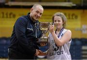 21 March 2012; Loreto Beaufort, Dublin captain Aoife Hughes, is presented with the cup by Conor Lilly, Competitions Officer Basketball Ireland. U16A Girls - All-Ireland Schools League Finals 2012, St. Vincents, Cork v Loreto Beaufort, Dublin, National Basketball Arena, Tallaght, Dublin. Picture credit: Brian Lawless / SPORTSFILE