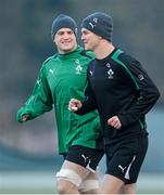 22 January 2013; Ireland out-half Jonathan Sexton, right and captain Jamie Heaslip during squad training ahead of the Ireland Wofhounds match against the England Saxons on January 25th and the opening RBS Six Nations Rugby Championship match against Wales on February 2nd. Ireland Rugby Squad Training, Carton House, Maynooth, Co. Kildare. Picture credit: Brendan Moran / SPORTSFILE