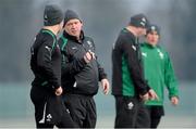 22 January 2013; Ireland head coach Declan Kidney in conversation with Paddy Jackson, left, as forwards coach Anthony Foley speaks with Ian Keatley during squad training ahead of the Ireland Wofhounds match against the England Saxons on January 25th and the opening RBS Six Nations Rugby Championship match against Wales on February 2nd. Ireland Rugby Squad Training, Carton House, Maynooth, Co. Kildare. Picture credit: Brendan Moran / SPORTSFILE