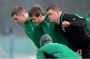 22 January 2013; Ireland forwards, from left, Michael Bent, Mike Sherry and Dave Kilcoyne during squad training ahead of the Ireland Wofhounds match against the England Saxons on January 25th and the opening RBS Six Nations Rugby Championship match against Wales on February 2nd. Ireland Rugby Squad Training, Carton House, Maynooth, Co. Kildare. Picture credit: Brendan Moran / SPORTSFILE