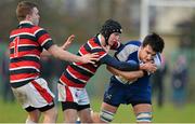 22 January 2013; Greg Jones, St Andrew's, is tackled by Aaron Copeland, Wesley College. Vinny Murray Schools Cup, 2nd Round, Wesley College v St Andrews, NUI Maynooth, Maynooth, Co. Kildare. Picture credit: Brendan Moran / SPORTSFILE