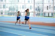 23 January 2013; Athlone Institute of Technology athletes Louise Holmes, right, and Regina Dolan test out the track during a media tour of the Athlone Institute of Technology International Arena. The €10 million facility has a footprint of 6,818m² and an overall building floor area of 9,715m². Some 850 tonnes of structural steel and 50,000 concrete blocks went into the construction of the facility which can house 2,000 spectators. The official opening of the arena will take place next month, prior to the hosting of the Athletics Ireland Senior Indoor Championships on 16-17 February. Athlone Institute of Technology, Athlone, Co. Westmeath. Picture credit: Stephen McCarthy / SPORTSFILE