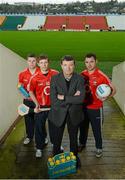 23 January 2013; Lucozade Sport, Ireland's number one sports drink brand, has announced that it is to become the official sports drink for Cork GAA. Details of the new partnership were announced in Pairc Ui Chaoimh in Cork with Cork senior hurling manager Jimmy Barry Murphy, second from right, with Cork hurlers Conor Lehane, left, and Lorcan Lorcan McLoughlin along with Cork footballer Donnacha O'Connor, right. Extensive scientific research has shown that Lucozade Sport hydrates and fuels the body better than water and increases endurance capacity and delays fatigue. Pairc Ui Chaoimh, Cork. Picture credit: Brian Lawless / SPORTSFILE