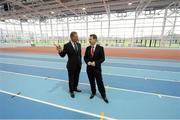 23 January 2013; Professor Ciarán Ó Catháin, President of AIT and also President of Athletics Ireland, right, and former world 5,000m gold medallist Eamonn Coghlan during a media tour of the Athlone Institute of Technology International Arena. The €10 million facility has a footprint of 6,818m² and an overall building floor area of 9,715m². Some 850 tonnes of structural steel and 50,000 concrete blocks went into the construction of the facility which can house 2,000 spectators. The official opening of the arena will take place next month, prior to the hosting of the Athletics Ireland Senior Indoor Championships on 16-17 February. Athlone Institute of Technology, Athlone, Co. Westmeath. Picture credit: Stephen McCarthy / SPORTSFILE