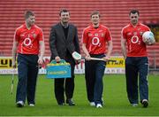23 January 2013; Lucozade Sport, Ireland's number one sports drink brand, has announced that it is to become the official sports drink for Cork GAA. Details of the new partnership were announced in Pairc Ui Chaoimh in Cork with Cork senior hurling manager Jimmy Barry Murphy, second from left, with Cork hurlers Conor Lehane, left, and Lorcan Lorcan McLoughlin along with Cork footballer Donnacha O'Connor, right. Extensive scientific research has shown that Lucozade Sport hydrates and fuels the body better than water and increases endurance capacity and delays fatigue. Pairc Ui Chaoimh, Cork. Picture credit: Brian Lawless / SPORTSFILE