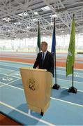 23 January 2013; Former world 5,000m gold medallist Eamonn Coghlan speaking ahead of a media tour of the Athlone Institute of Technology International Arena. The €10 million facility has a footprint of 6,818m² and an overall building floor area of 9,715m². Some 850 tonnes of structural steel and 50,000 concrete blocks went into the construction of the facility which can house 2,000 spectators. The official opening of the arena will take place next month, prior to the hosting of the Athletics Ireland Senior Indoor Championships on 16-17 February. Athlone Institute of Technology, Athlone, Co. Westmeath. Picture credit: Stephen McCarthy / SPORTSFILE