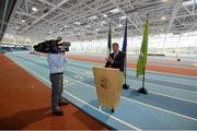 23 January 2013; Former world 5,000m gold medallist Eamonn Coghlan speaking ahead of a media tour of the Athlone Institute of Technology International Arena. The €10 million facility has a footprint of 6,818m² and an overall building floor area of 9,715m². Some 850 tonnes of structural steel and 50,000 concrete blocks went into the construction of the facility which can house 2,000 spectators. The official opening of the arena will take place next month, prior to the hosting of the Athletics Ireland Senior Indoor Championships on 16-17 February. Athlone Institute of Technology, Athlone, Co. Westmeath. Picture credit: Stephen McCarthy / SPORTSFILE
