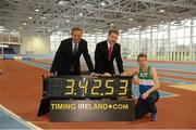23 January 2013; Professor Ciarán Ó Catháin, President of AIT and also President of Athletics Ireland, former world 5,000m gold medallist Eamonn Coghlan, left, and Athlone Instute of Technology athlete John Travers at the Athlone Institute of Technology International Arena. The €10 million facility has a footprint of 6,818m² and an overall building floor area of 9,715m². Some 850 tonnes of structural steel and 50,000 concrete blocks went into the construction of the facility which can house 2,000 spectators. The official opening of the arena will take place next month, prior to the hosting of the Athletics Ireland Senior Indoor Championships on 16-17 February. Athlone Institute of Technology, Athlone, Co. Westmeath. Picture credit: Stephen McCarthy / SPORTSFILE