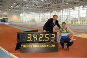 23 January 2013; Former world 5,000m gold medallist Eamonn Coghlan Athlone Institute of Technology athlete John Travers at the Athlone Institute of Technology International Arena. The €10 million facility has a footprint of 6,818m² and an overall building floor area of 9,715m². Some 850 tonnes of structural steel and 50,000 concrete blocks went into the construction of the facility which can house 2,000 spectators. The official opening of the arena will take place next month, prior to the hosting of the Athletics Ireland Senior Indoor Championships on 16-17 February. Athlone Institute of Technology, Athlone, Co. Westmeath. Picture credit: Stephen McCarthy / SPORTSFILE