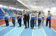 23 January 2013; Former world 5,000m gold medallist Eamonn Coghlan speaking with Athlone Institute of Technology athletes at the Athlone Institute of Technology International Arena. The €10 million facility has a footprint of 6,818m² and an overall building floor area of 9,715m². Some 850 tonnes of structural steel and 50,000 concrete blocks went into the construction of the facility which can house 2,000 spectators. The official opening of the arena will take place next month, prior to the hosting of the Athletics Ireland Senior Indoor Championships on 16-17 February. Athlone Institute of Technology, Athlone, Co. Westmeath. Picture credit: Stephen McCarthy / SPORTSFILE