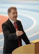 23 January 2013; Professor Ciarán Ó Catháin, President of AIT and also President of Athletics Ireland, speaking ahead of a media tour of the Athlone Institute of Technology International Arena. The €10 million facility has a footprint of 6,818m² and an overall building floor area of 9,715m². Some 850 tonnes of structural steel and 50,000 concrete blocks went into the construction of the facility which can house 2,000 spectators. The official opening of the arena will take place next month, prior to the hosting of the Athletics Ireland Senior Indoor Championships on 16-17 February. Athlone Institute of Technology, Athlone, Co. Westmeath. Picture credit: Stephen McCarthy / SPORTSFILE
