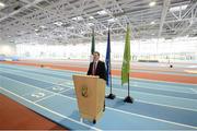 23 January 2013; Professor Ciarán Ó Catháin, President of AIT and also President of Athletics Ireland, speaking ahead of a media tour of the Athlone Institute of Technology International Arena. The €10 million facility has a footprint of 6,818m² and an overall building floor area of 9,715m². Some 850 tonnes of structural steel and 50,000 concrete blocks went into the construction of the facility which can house 2,000 spectators. The official opening of the arena will take place next month, prior to the hosting of the Athletics Ireland Senior Indoor Championships on 16-17 February. Athlone Institute of Technology, Athlone, Co. Westmeath. Picture credit: Stephen McCarthy / SPORTSFILE