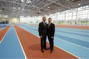 23 January 2013; Professor Ciarán Ó Catháin, President of AIT and also President of Athletics Ireland, right, and former world 5,000m gold medallist Eamonn Coghlan during a media tour of the Athlone Institute of Technology International Arena. The €10 million facility has a footprint of 6,818m² and an overall building floor area of 9,715m². Some 850 tonnes of structural steel and 50,000 concrete blocks went into the construction of the facility which can house 2,000 spectators. The official opening of the arena will take place next month, prior to the hosting of the Athletics Ireland Senior Indoor Championships on 16-17 February. Athlone Institute of Technology, Athlone, Co. Westmeath. Picture credit: Stephen McCarthy / SPORTSFILE