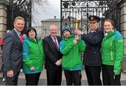 24 January 2013; Special Olympics athlete Gary Burton, from Sallynoggin, Dublin, joins Assistant Commissioner of An Garda Siochana John Twomey, and, from left to right, Senator Eamonn Coghlan, Team Ireland skiing head coach Elaine Byrne, Minister of State with Responsibility for Tourism and Sport Michael Ring T.D. and Team Ireland head of delegation Barbara Cahill for The Law Enforcement Torch Run as they pay a visit to Leinster House. Gary is one of 14 athletes who will represent Ireland at the 2013 Special Olympics World Winter Games in PyeongChang, South Korea from 29th January to 5th February. For further information about Team Ireland’s participation at these Games visit www.specialolympics.ie/wintergames. Leinster House, Dublin. Picture credit: Barry Cregg / SPORTSFILE