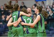 24 January 2013; The players from Colaiste Ide & Iosef Abbeyfeale celebrate at the final buzzer after victory over Holy Faith Clontarf. All-Ireland Schools Cup U19A Girls Final, Colaiste Ide & Iosef Abbeyfeale, Limerick v Holy Faith Clontarf, Dublin, National Basketball Arena, Tallaght, Dublin. Picture credit: Brendan Moran / SPORTSFILE
