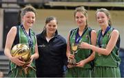 24 January 2013; Colaiste Ide & Iosef Abbeyfeale co-captains, from left, Eibhlis Dillon, Sorcha McNulty and Leanne Mangan are presented with the cup by Louise O'Loughlin, Competitions Officer, Basketball Ireland. All-Ireland Schools Cup U19A Girls Final, Colaiste Ide & Iosef Abbeyfeale, Limerick v Holy Faith Clontarf, Dublin, National Basketball Arena, Tallaght, Dublin. Picture credit: Brendan Moran / SPORTSFILE