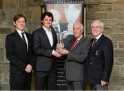 24 January 2013; Amateur golfer of the year Alan Dunbar is presented with his award by President Elect of the GUI Ivor McCandless alongside Brian Keogh, left, Chairman of the Golf Writers of Ireland, and Lee Mallaghan, President of Carton House Golf Club. Golf Writers of Ireland Awards, Carton House, Maynooth, Co. Kildare. Picture credit: Matt Browne / SPORTSFILE